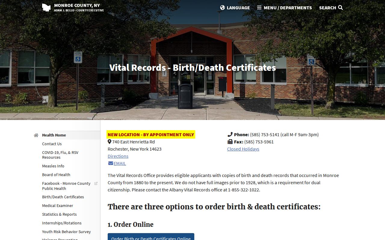 Ogden residents directory reference to Monroe County vital records access routes