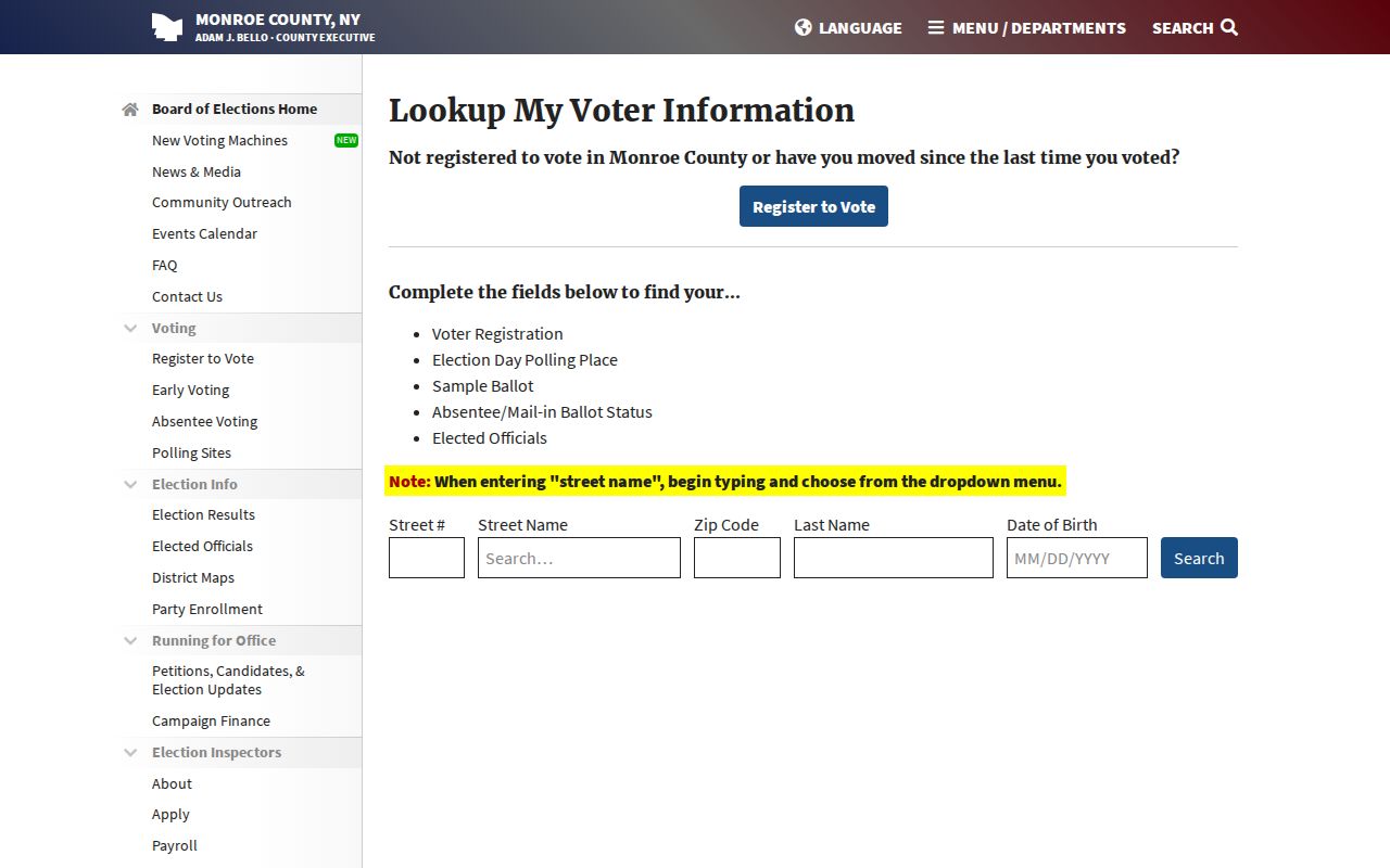 Ogden residents directory reference to the Monroe County voter lookup form